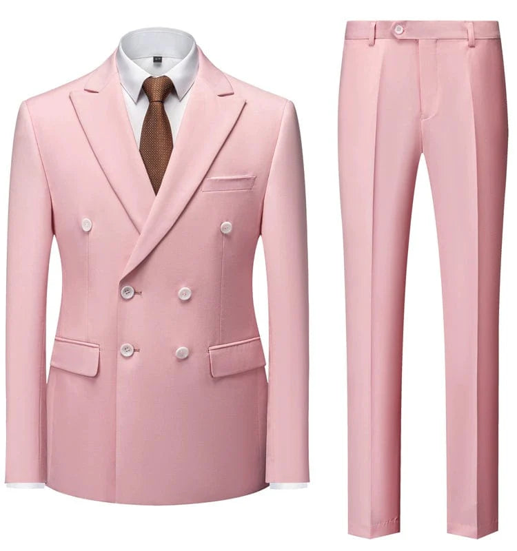 Sky blue men's double-breasted slim fit business suit by Showlu Fashion, tailored with a classic British style, suitable for formal occasions.