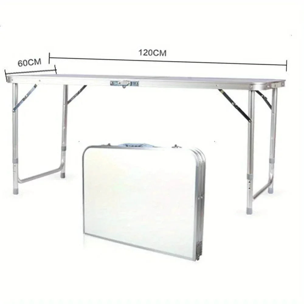 4ft aluminum folding table by Showlu, portable and height adjustable for indoor or outdoor picnics, camping, and parties.