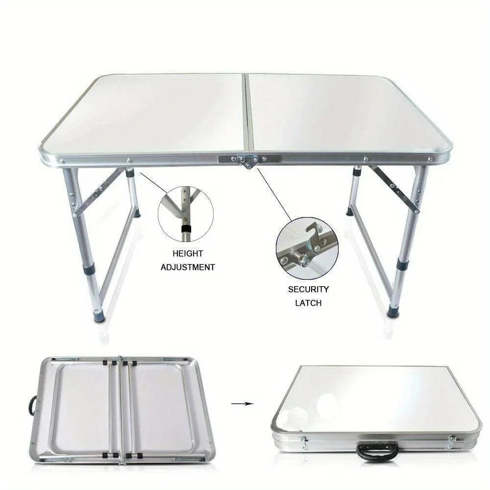 4ft aluminum folding table by Showlu, portable and height adjustable, ideal for indoor outdoor picnics, parties, and camping.