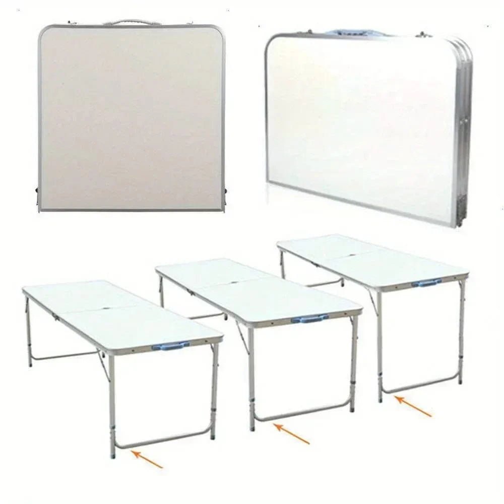 4-foot aluminum folding table by Showlu, portable and height adjustable for indoor, outdoor, picnic, or camping use.