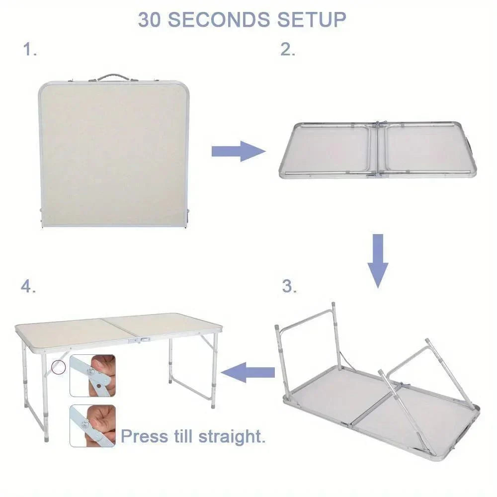 4-foot aluminum folding table by Showlu, portable and height adjustable, ideal for indoor, outdoor, picnic, or camping use