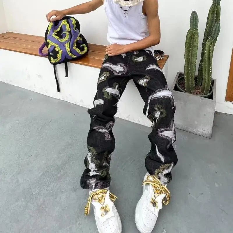 BiggOrange men's distressed patchwork hip hop jeans with wide leg fit, knife-cut holes, erosion patches, and micro-flared style by Showlu Fashion