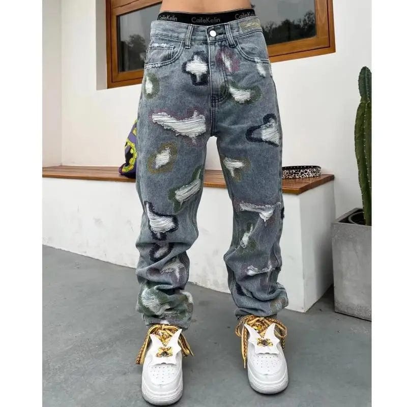 BiggOrange men's hip hop distressed patchwork jeans with wide-leg fit, knife-cut holes, erosion patches, and micro-flared style.