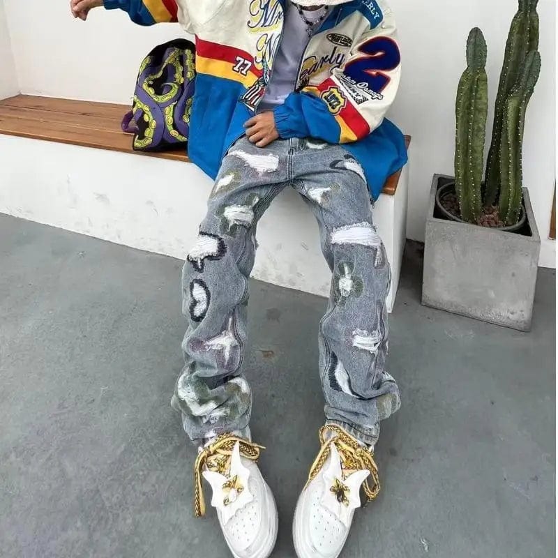 BiggOrange men's hip hop distressed patchwork jeans with wide leg fit, knife-cut holes, erosion patches, and high-street style from Showlu Fashion