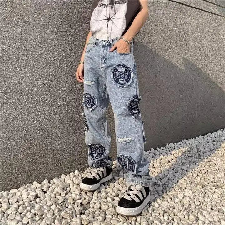 BiggOrange men's distressed patchwork jeans with wide-leg fit, featuring knife-cut holes and erosion patches, styled for hip-hop fashion.
