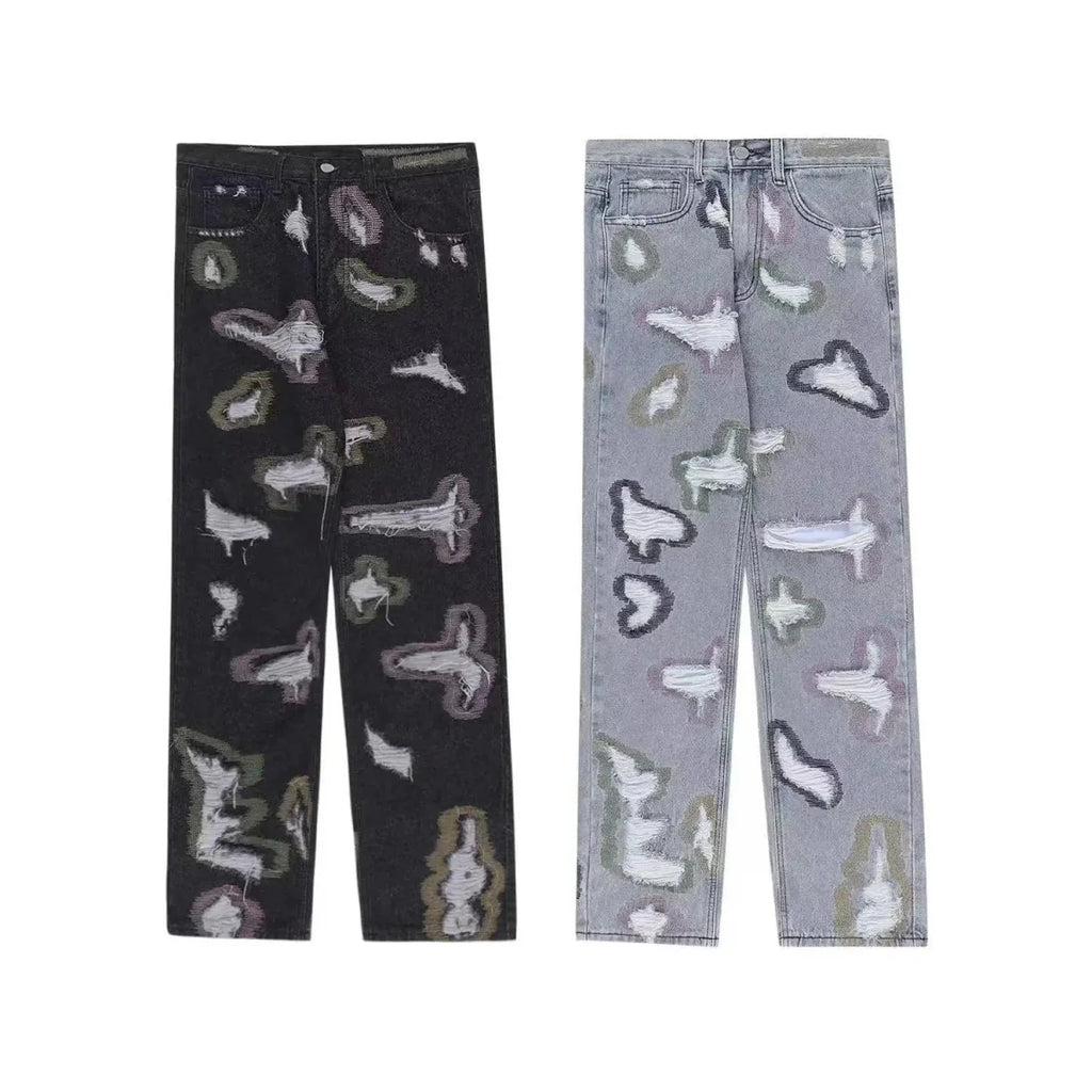 BiggOrange men's hip hop distressed patchwork jeans with wide leg fit, featuring knife-cut holes and erosion patches for a high street style.