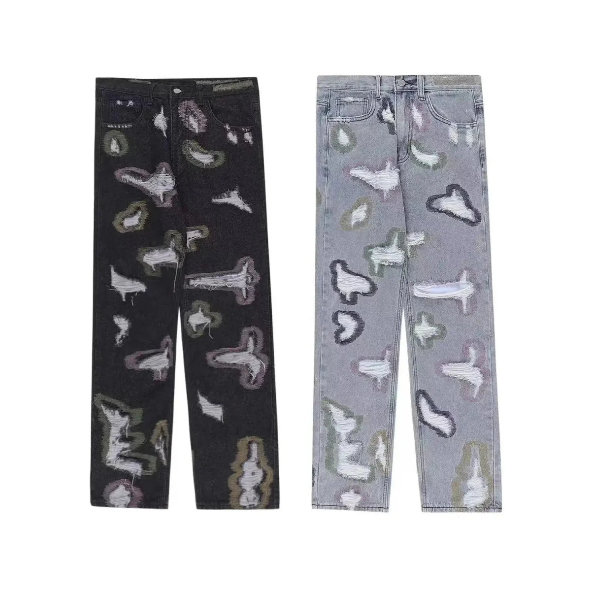 BiggOrange men's hip hop distressed patchwork jeans with wide leg fit, featuring knife-cut holes and erosion patches for a high street style.