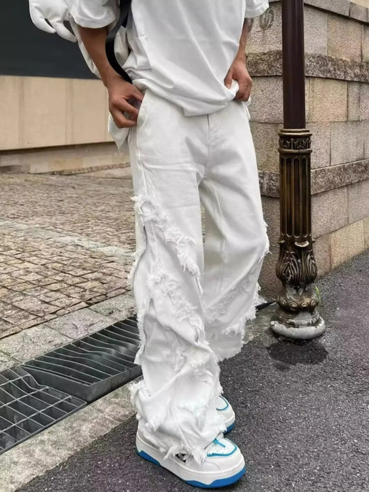 American Style Erosion Damage Raw Edge Street Jeans Men's Harajuku Style Hip - hop Dance Straight White Jeans Women's Y2k Clothing - SHOWLU FASHION STORE