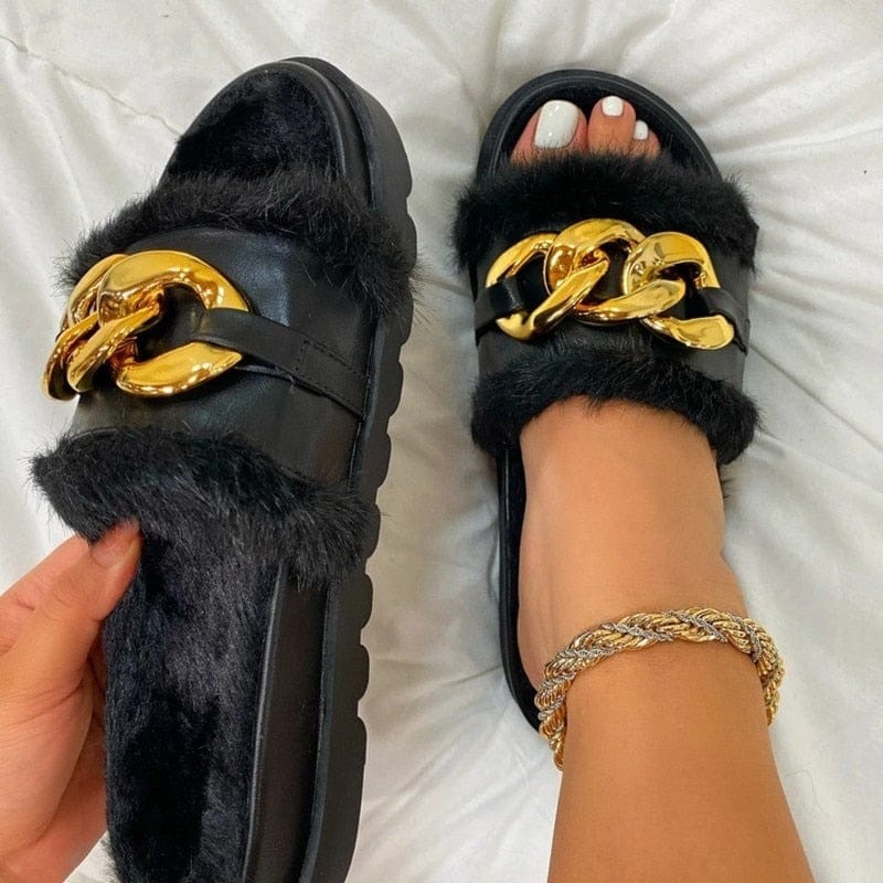 Anel Demosthene General Store 0 2021 Winter Plush Slippers Fashion Open Toe Solid Color Women&#39;s Sandals Metal Chain Outdoor Casual Women&#39;s Shoes  Fashion Shoes