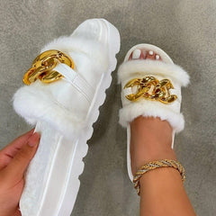 Anel Demosthene General Store 0 2021 Winter Plush Slippers Fashion Open Toe Solid Color Women&#39;s Sandals Metal Chain Outdoor Casual Women&#39;s Shoes  Fashion Shoes