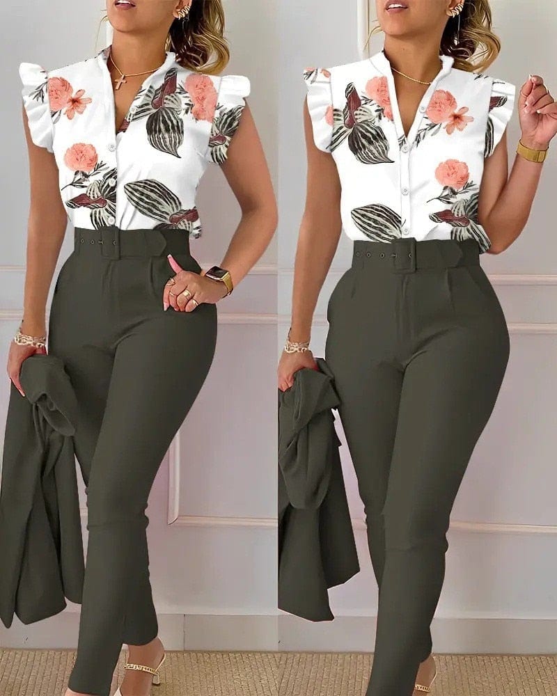 Anel Demosthene General Store 0 Army Green / S Floral Ruffle Two-Piece Office Set