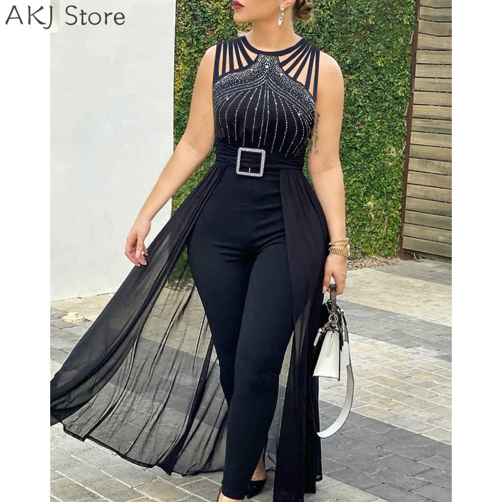 Anel Demosthene General Store 0 Black / M Women&#39;s Sexy Round Neck Rhinestone Sheer Mesh Sleeveless Jumpsuit With Belt