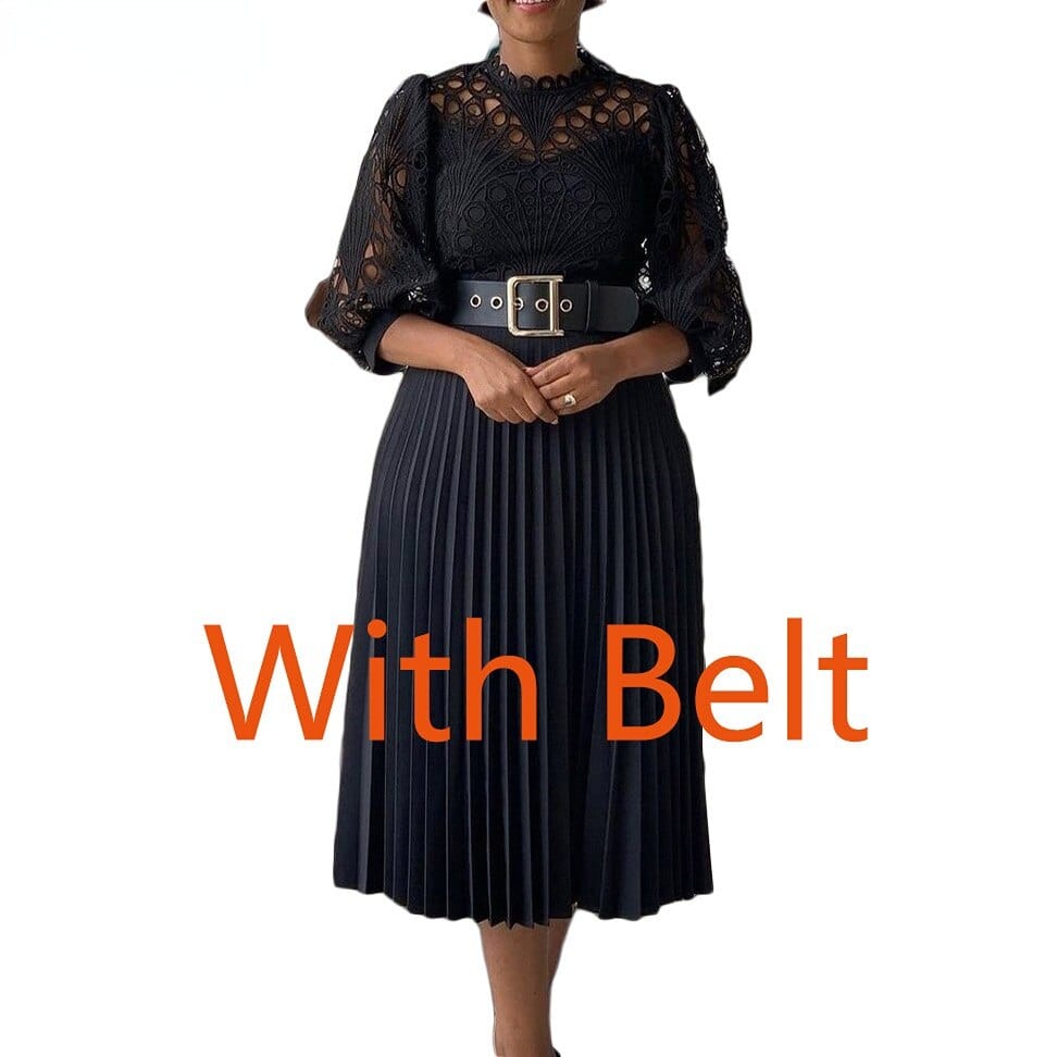 Anel Demosthene General Store 0 Black with belt / S Sexy Lace Hollow Out African Dresses for Women  Summer Clothes Long Pleat Dress Party White Black Elegant Robe Longue Femme