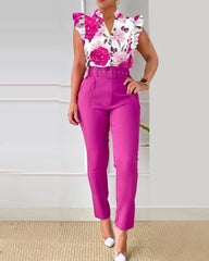 Anel Demosthene General Store 0 Fuchsia / S Floral Ruffle Two-Piece Office Set