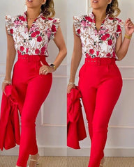 Anel Demosthene General Store 0 Red / S Floral Ruffle Two-Piece Office Set