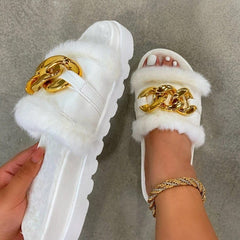 Anel Demosthene General Store 0 White / 36 2021 Winter Plush Slippers Fashion Open Toe Solid Color Women&#39;s Sandals Metal Chain Outdoor Casual Women&#39;s Shoes  Fashion Shoes