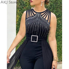 Anel Demosthene General Store 0 Women&#39;s Sexy Round Neck Rhinestone Sheer Mesh Sleeveless Jumpsuit With Belt