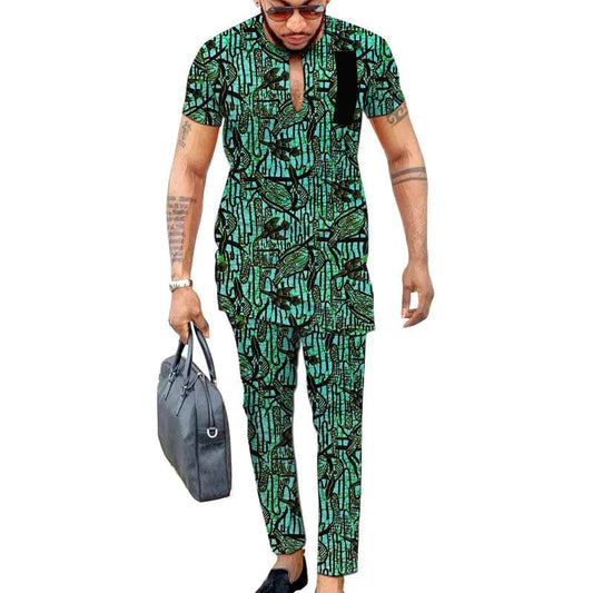 Ankara print short sleeve tops with trousers colorful men's pant sets African fashion groom suits customize party clothes - SHOWLU FASHION STORE