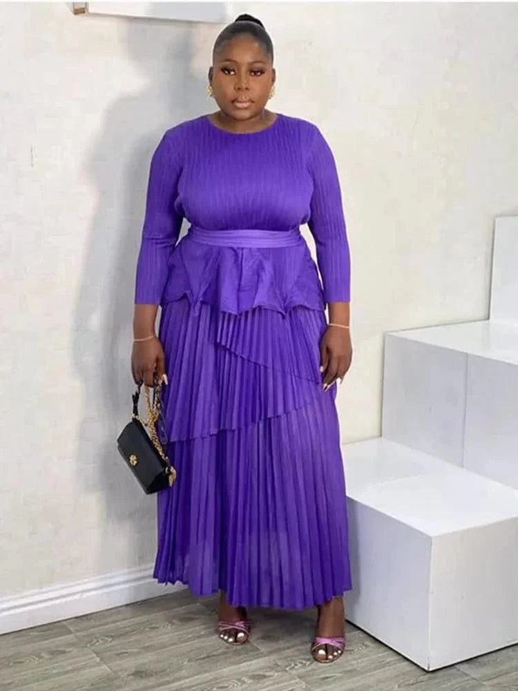 ANLAN Women's Miyake pleated 2-piece set featuring a solid long A-line dress with round neck and gathered waist.