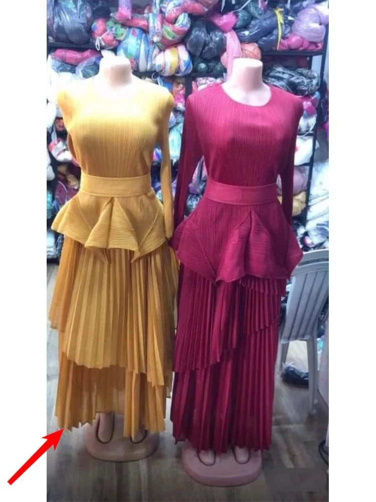 ANLAN Women's Miyake pleated 2-piece set featuring a solid A-line long dress with round neck and gathered waist.