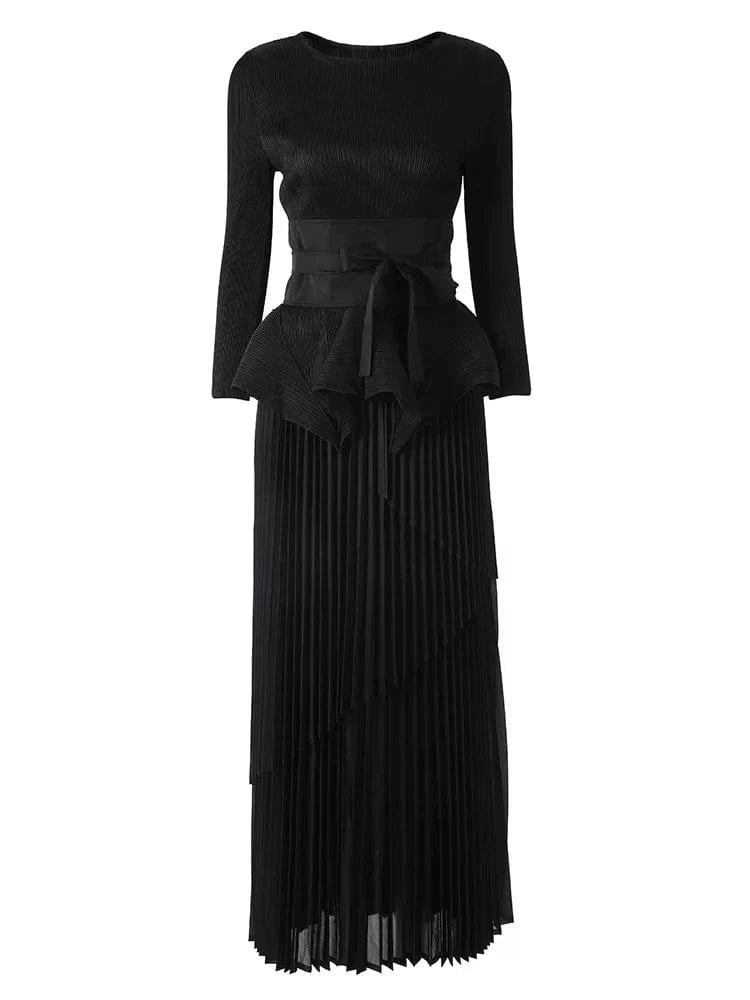 ANLAN Women's Miyake Pleated 2 Piece Set with solid long dress, round neck, irregular belt, gathered waist, stylish and elegant.