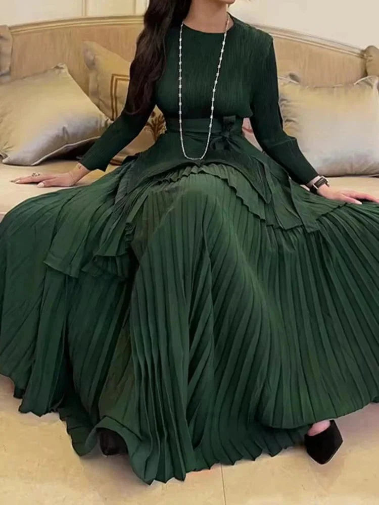 Anlan Women's Miyake pleated 2-piece long dress set with round neck, irregular belt, and gathered waist in solid fabric.