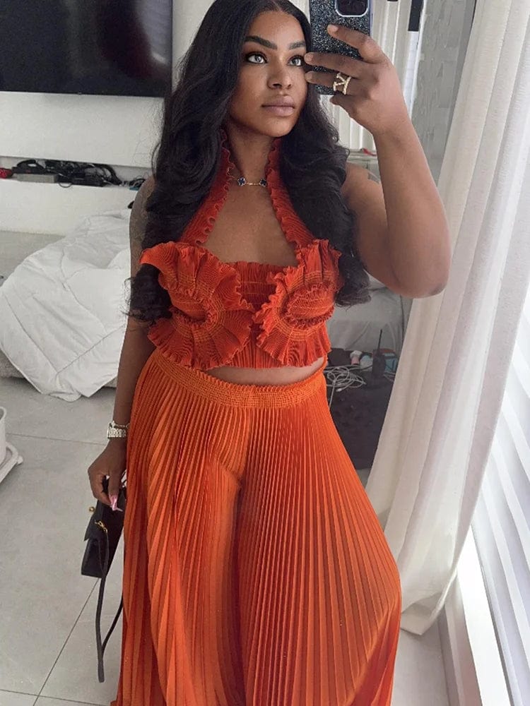 ANLAN Miyake pleated 2-piece set with halter crop top and wide-leg pants, featuring ruffles and solid fabric in autumn fashion style