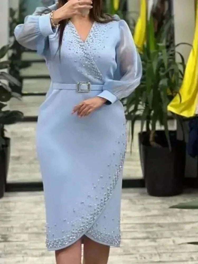 AOMEI women's V-neck mesh evening dress with lantern sleeves, beaded accents, and a fitted belt, perfect for parties or formal events.