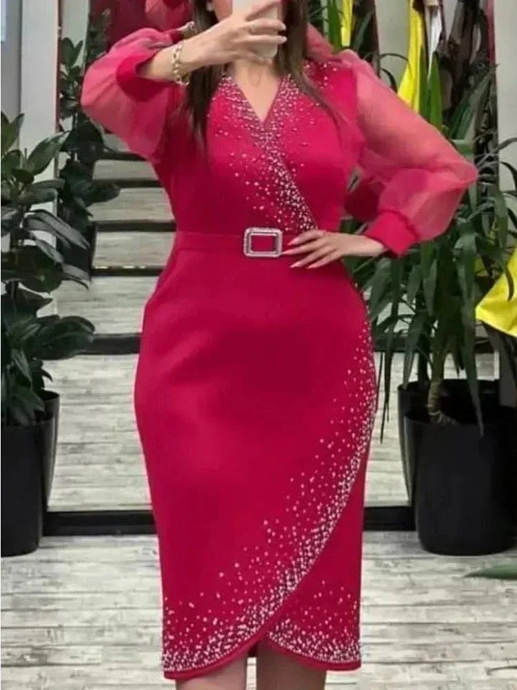 AOMEI Women's V-Neck Mesh Lantern Sleeve Beaded Evening Party Dress showing the V-neck, beaded belt, and flowing lantern sleeves.