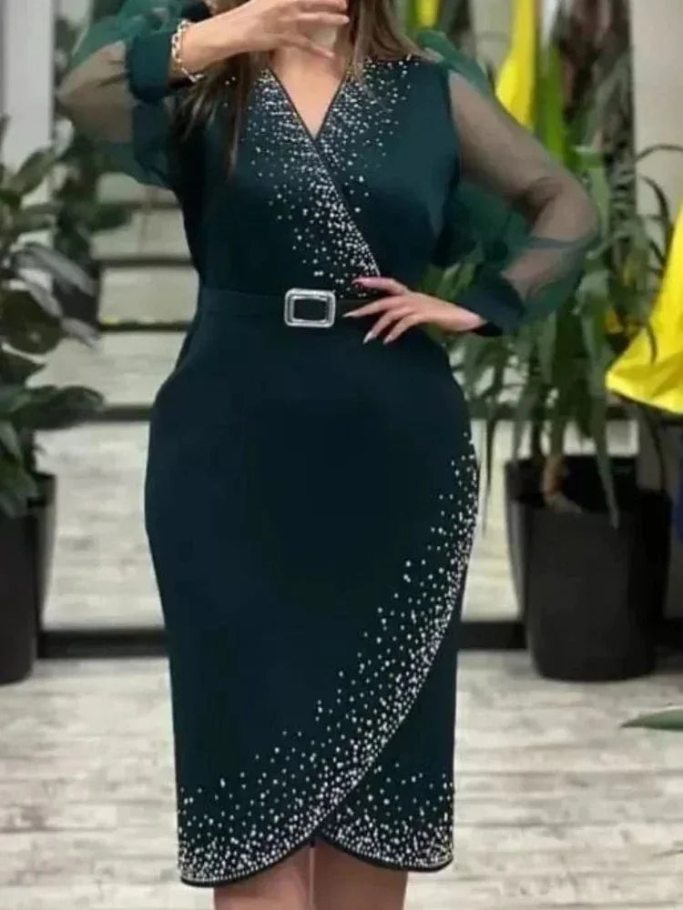 AOMEI women's V-neck mesh evening dress with lantern sleeves, beaded belt, perfect for parties, weddings, or formal events.