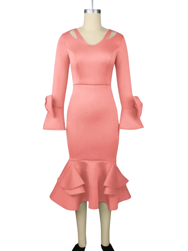 AOMEI women’s cold shoulder bodycon party dress with ruffle details, long flare sleeves, and bowtie, perfect for evening events.