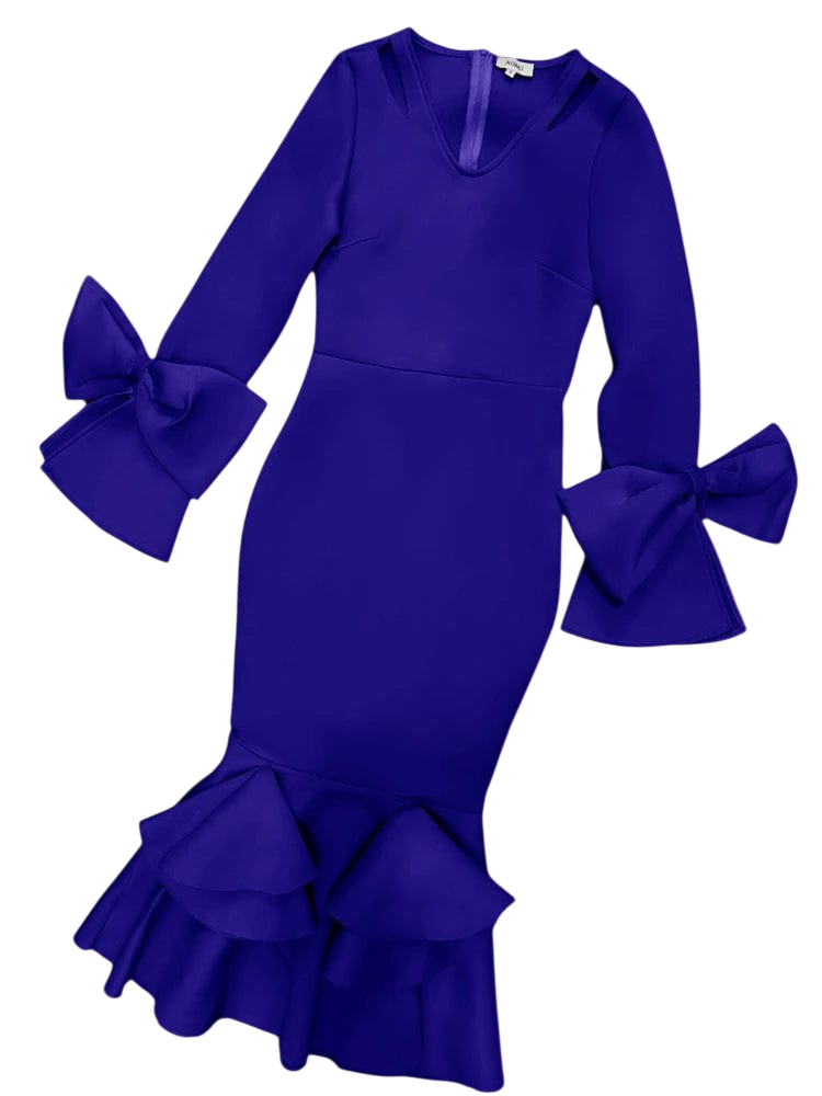 AOMEI women’s bodycon party dress with long flare sleeves, cold shoulder ruffles, and bowtie, perfect for evening events.