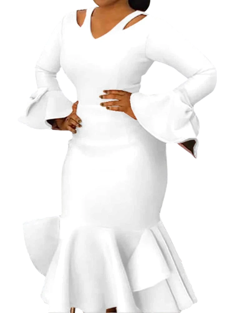 AOMEI women’s bodycon party dress with long flare sleeves, cold shoulder ruffles, and bowtie detail, perfect for evening events.