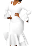 AOMEI women’s bodycon party dress with long flare sleeves, cold shoulder ruffles, and bowtie detail, perfect for evening events.