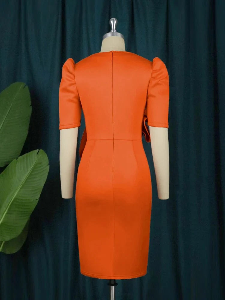 AOMEI Women orange sheath bodycon party dress with ruffle V-neck, short sleeves, floral details, suitable for events and parties.