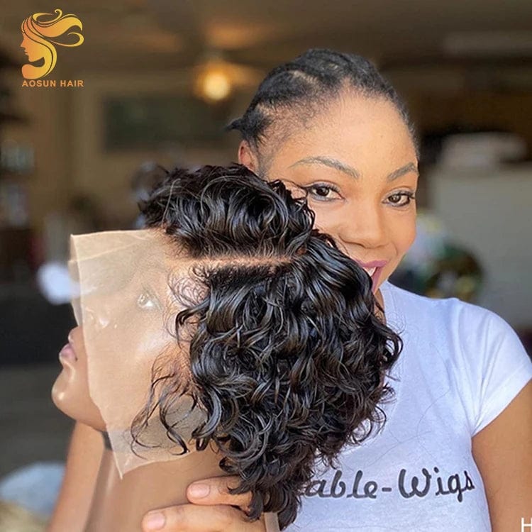Aosun Pixie Cut Curly Wig made of Brazilian human hair featuring short, curly pixie style with a natural-looking frontal.