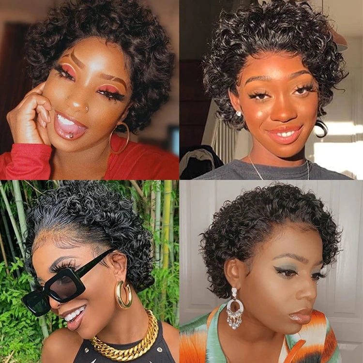 Aosun Pixie Cut Curly Wig made of Brazilian human hair with short curly pixie style and natural textured finish.
