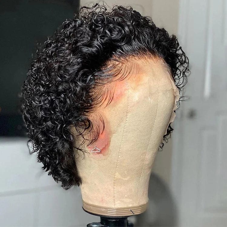 Aosun Pixie Cut Curly Wig featuring short Brazilian human hair with tight curls and natural style.