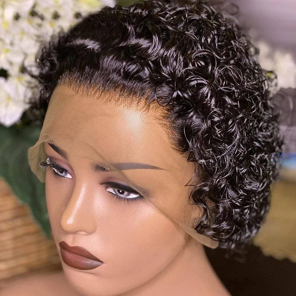 Aosun Pixie Cut Curly Wig made of Brazilian human hair with short, curly pixie style and natural hairline.