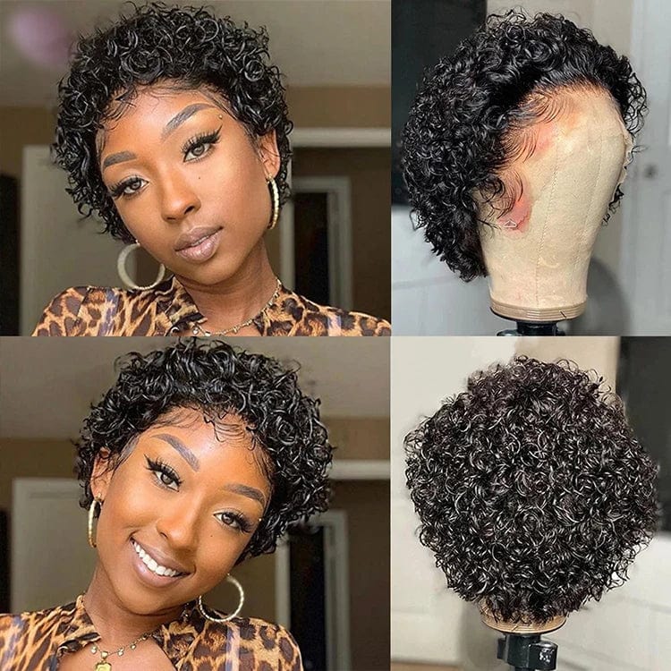 Aosun Pixie Cut Curly Wig made of Brazilian human hair with short, curly pixie style and natural frontal design.
