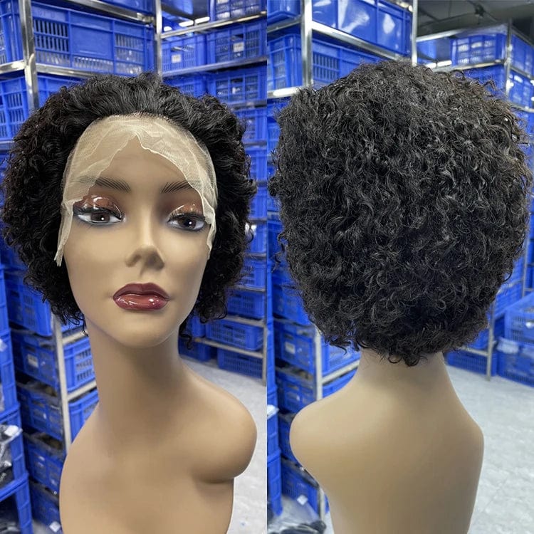 Aosun Pixie Cut Curly Wig made of Brazilian human hair with short, tight curls and a natural pixie style.