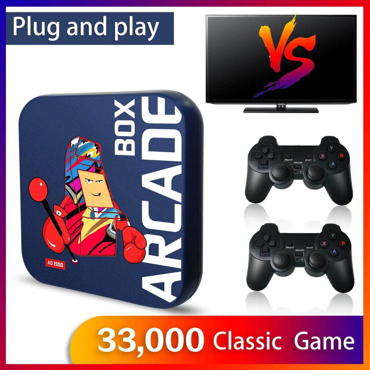 Dikdoc Arcade Box Retro Game Console by Showlu featuring 4K HD output and over 33,000 classic video games on a TV screen.