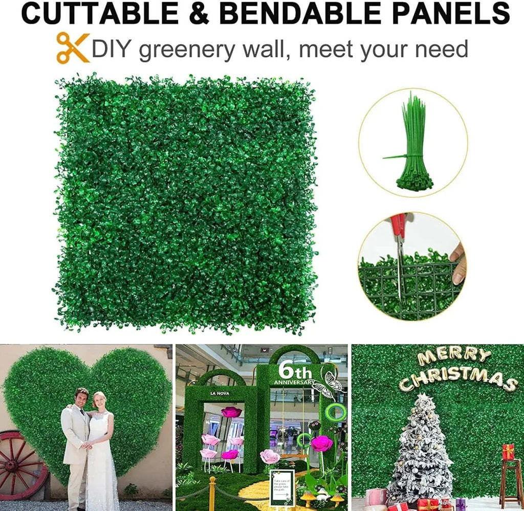 Showlu Artificial Boxwood Hedge Panels with lush green foliage, ideal for wall decor, wedding backdrops, and greenery fencing.
