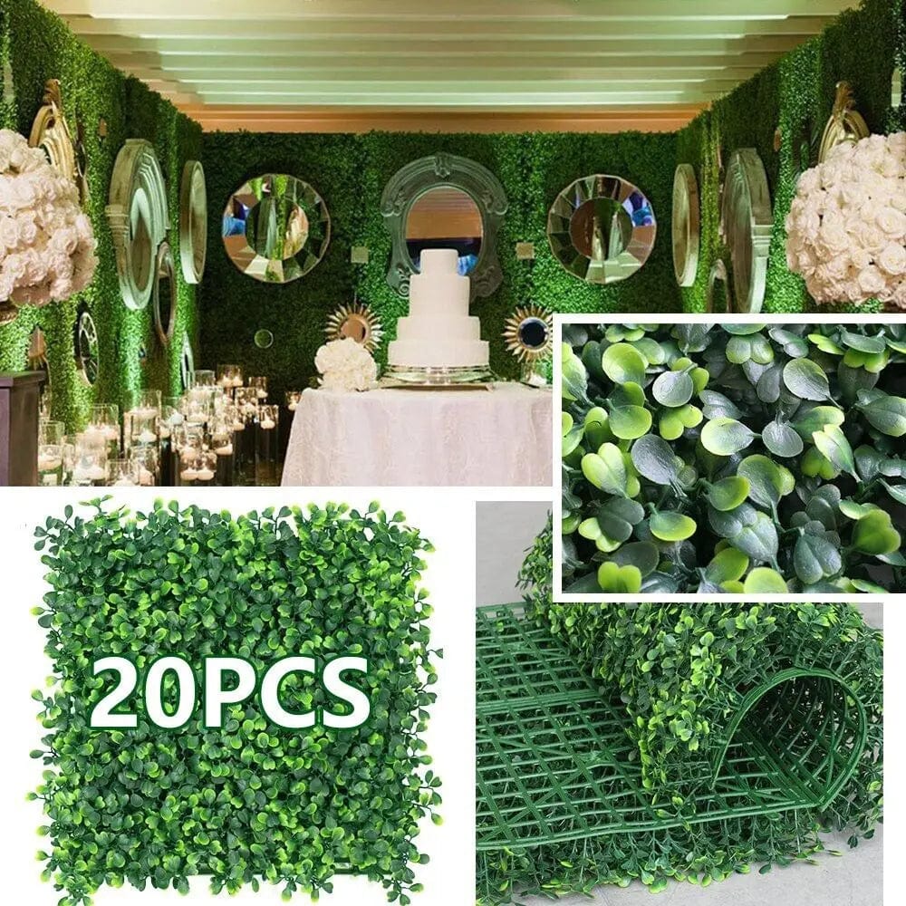 Artificial Showlu Boxwood Hedge Panels, green wall backdrop with lush foliage for wedding decor and outdoor fencing.