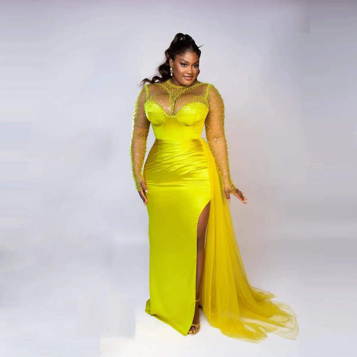 SHOWLU FASHION STORE HZWLF Aso Ebi plus size mermaid evening gown with high neck, sequins, illusion long sleeves, and a side slit.