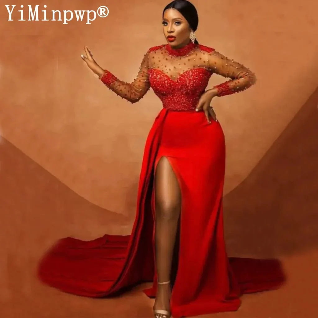Red mermaid evening dress by SHOWLU FASHION STORE featuring long sleeves, pearl beads, side split, and elegant illusion style.