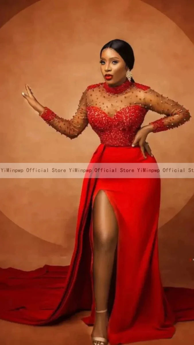 Red mermaid evening dress by YiMinpwp with long sleeves, pearl beading, side split, and illusion neckline for formal occasions.