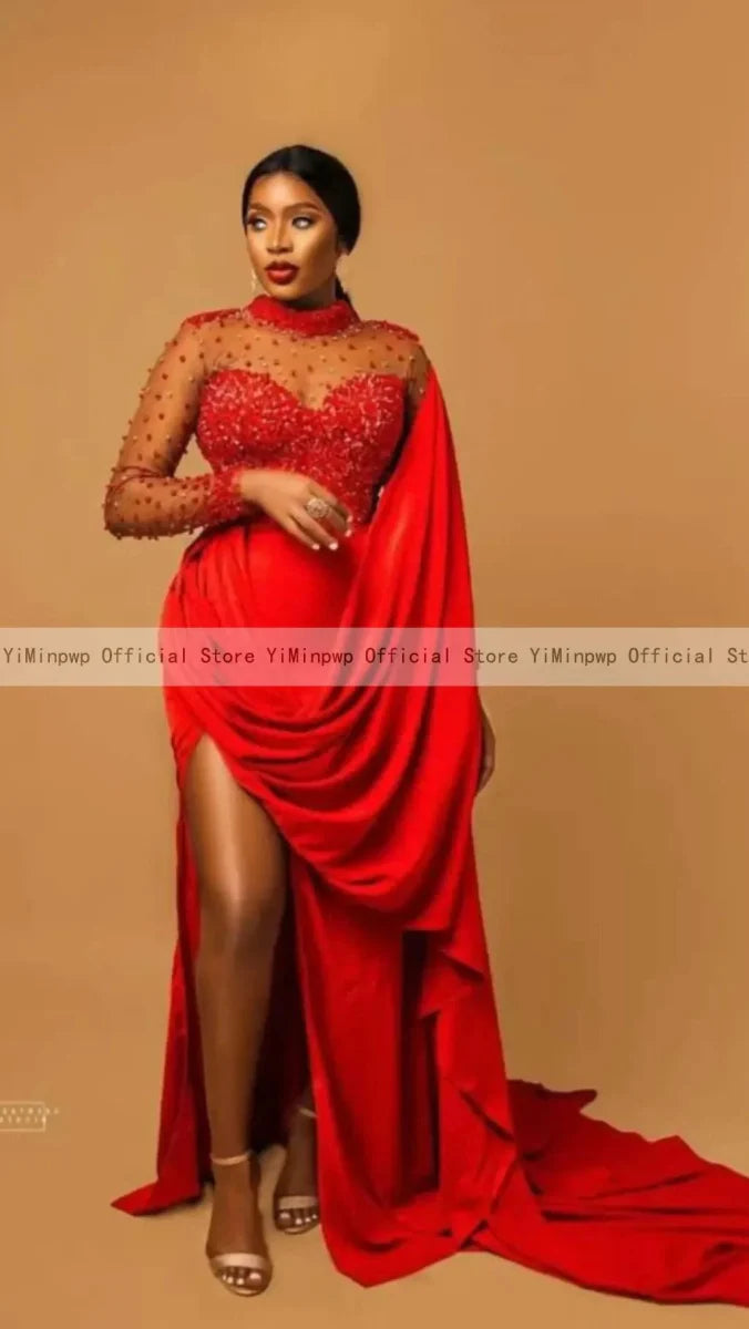 Red mermaid evening dress by SHOWLU FASHION STORE featuring long sleeves, pearl beading, side slit, and illusion details.