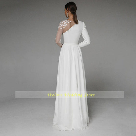 Asymmetrical Side Slit Wedding Dress Long Sleeve Civil Bridal Gown Party For Bride Button Applique Floor Length Свадебное платье - SHOWLU FASHION STORE