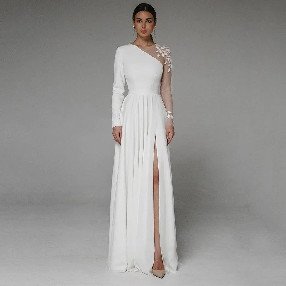 SHOWLU FASHION STORE long sleeve asymmetrical side slit wedding dress with button details, floor-length bridal gown for special occasions